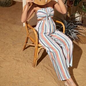 SHEIN Maternity Block Striped Shirred Tie Front Crop Tube Top & Pants XXL